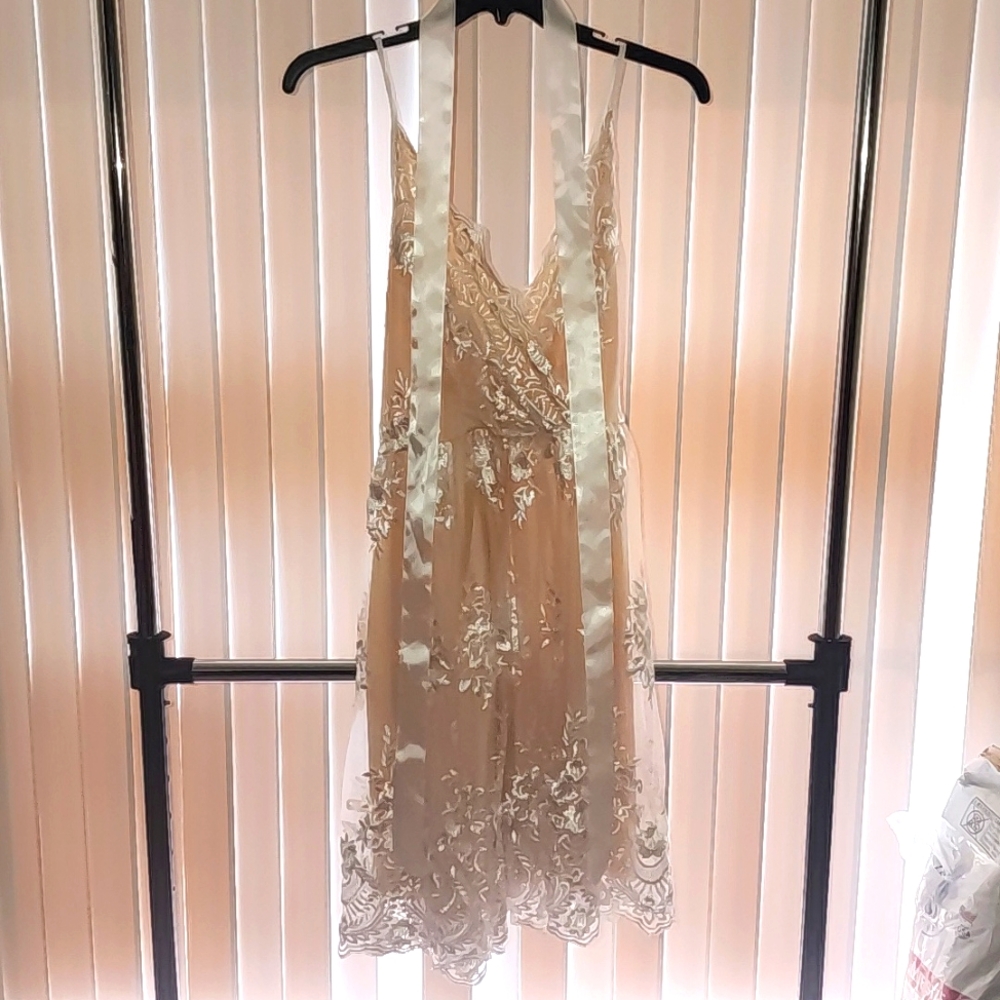 Embroidered mesh spaghetti strap dress